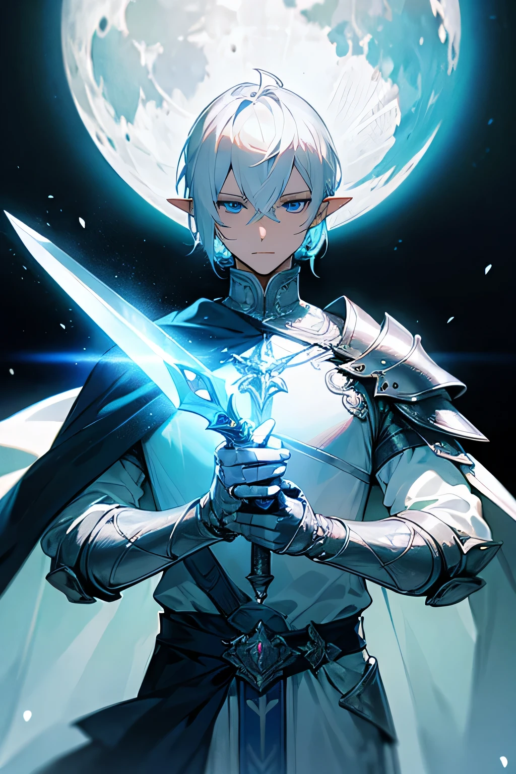 ultra-detalhado, Orelhas pontudas, cabelo branco, olhos azuis, cabelo curto, usa armadura prateada no peito, on the sleeves he uses a white fabric up to the hands, wears silver bracelets on both hands, usa luvas brancas sem dedos, usa uma capa azul com adornos dourados nas costas, em uma de suas obras ele usa armadura prateada, holding a silver sword in his hand, the cloth is the moon, um rosto, ethereal lighting, mystical atmosphere, cores vibrantes