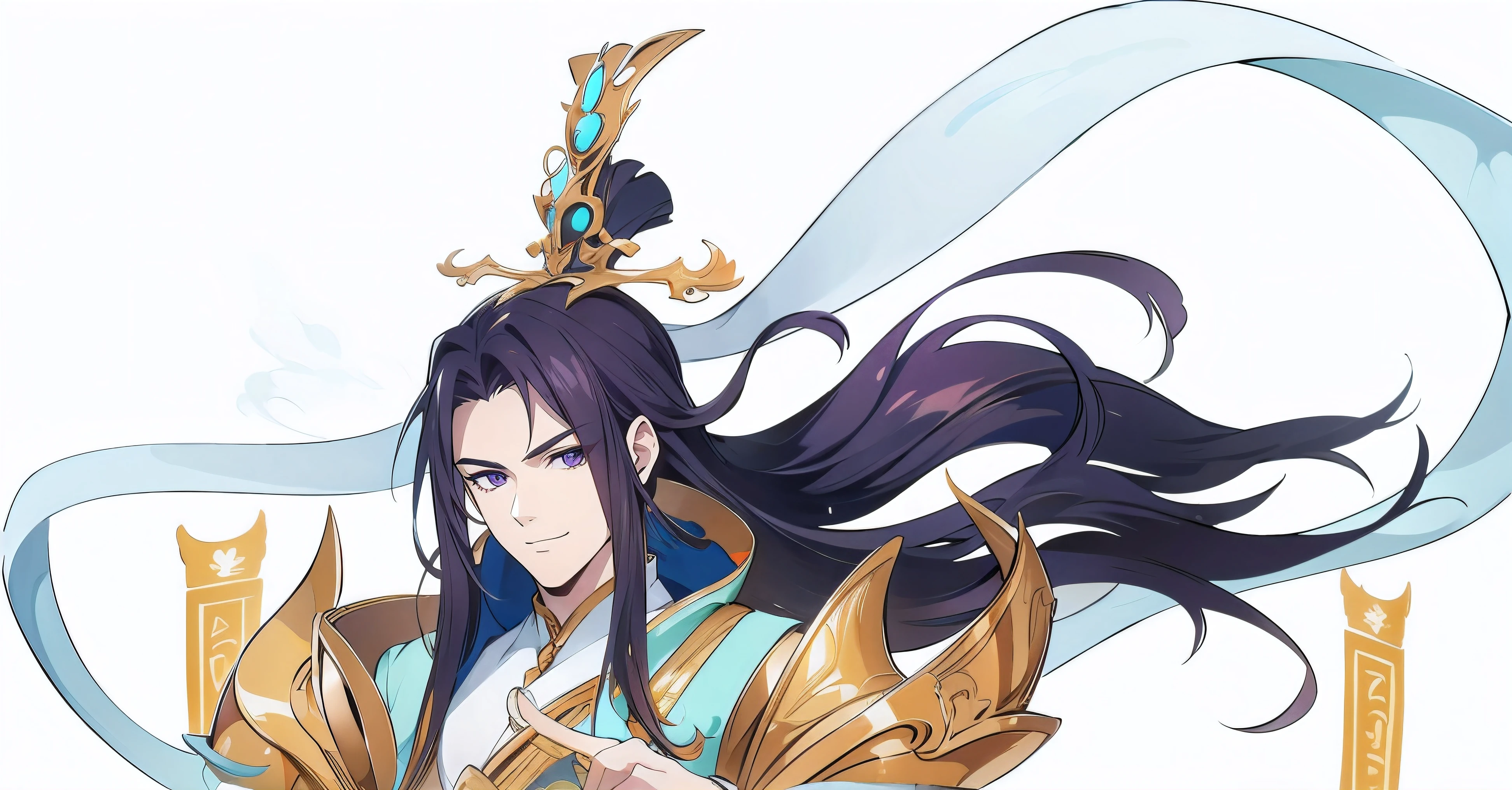 Delicate features, handsome face, purple eyes, smiling at the camera,