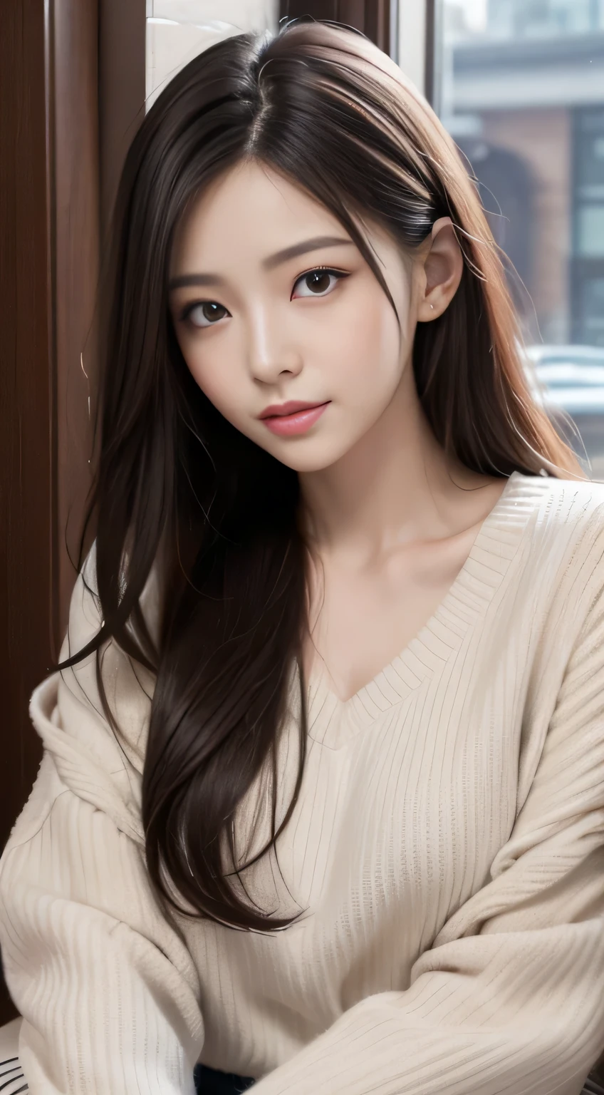 masutepiece、Best Quality、Illustration、 Ultra-detailed、finely detail、 hight resolution、8K Wallpaper、Perfect dynamic composition、27-year-old beautiful girl、Neat and clean woman、detailed beautiful faces、Detailed beautiful eyes、Textured skin、A faint smile、tiny chest、Bold sexy poses、Winter casual wear、