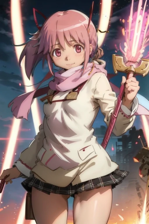 , (masterpiece:1.2), (highest quality:1.15), extremely be familiar with,1 girl, be familiar with,1 girl, alone, Madoka, long hair,shrine maiden, white cloth, , Are standing, whole body, Medium chest, mature woman, tall girl, Are standing,smile,, pink eyes Madoka, cold, small breasts, winding,, holding staff, pink scarf,super tiny string bikini,exposed,super tiny string bikini,Super tiny breasts bikini