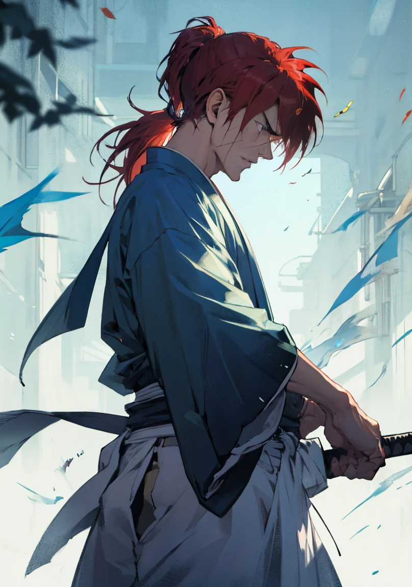Design amazing postereatures kenshin as the protagonist "Rurouni Kenshin" In the heat of the moment. Capture the essence of his burning determination and indomitable spirit. For he unleashed his anger. Action with katana in right hand, Keep it short, Bold, And strongly convey the raw power of Kenshin's anger. Long Hair, ponytail, Red Hair, 1katana, white hakama, red kimono, cross sign in left cheek.