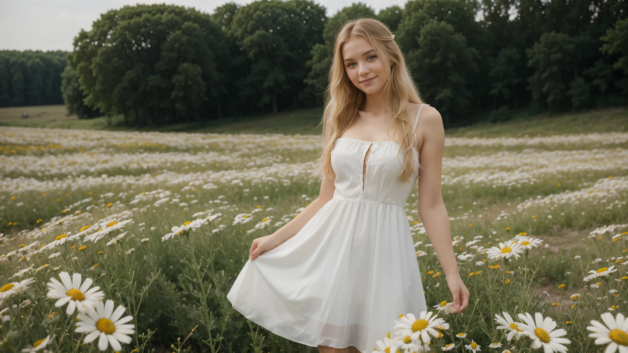 blond hair fluttering from the strong wind, Field of daisies, woman in a short white dress with a perfect figure and slender legs in full height, hair fluttering in the wind, holding a chamomile in his hand, smiling, original perfect super beautiful face, Firestarter, standing in a clearing with daisies, butterfly on a flower, Young woman фронтальная в ромашковом поле, Young woman нa лугу с ромашками, beautiful blonde, Young woman, standing in a chamomile field, beautiful blonde, Young woman в коротком платье гуляет по ромашковому полю ((Best quality)), ((masterpiece)), (detailed), original perfect super beautiful face, Firestarter