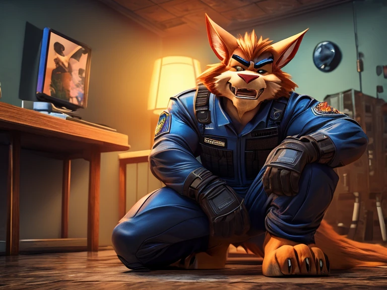 Barefoot hypnotised member of Swat Kats, Chance "T-Bone" Furlong, hypnotized, tebowing, look of defiance on his face, drooling, detailed nice big paws with short claws, SWAT Kats: The Radical Squadron uniform, 3d art