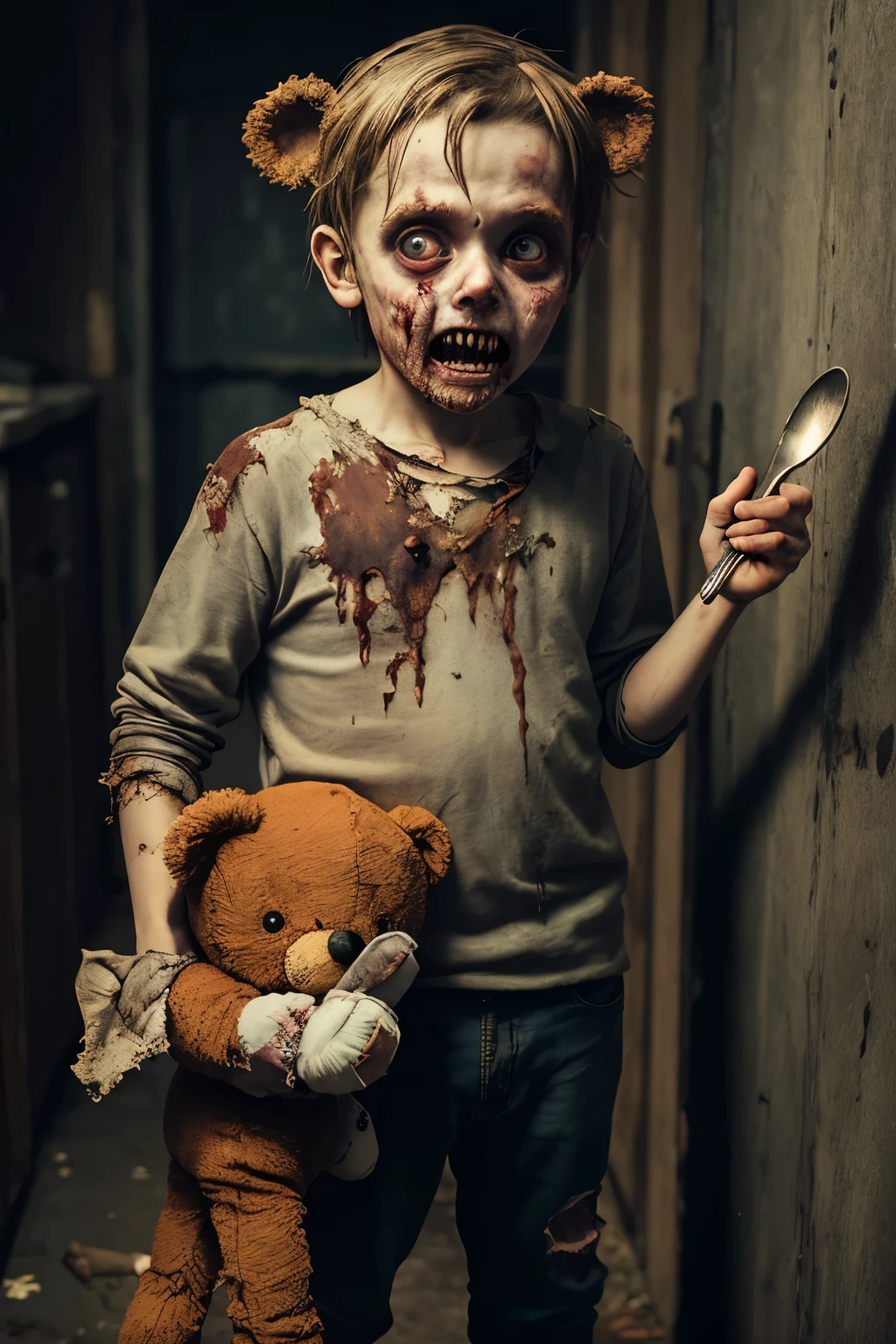 A child-like zombie, its clothes tattered remnants of a happier past, clutches a teddy bear in one hand and a rusty spoon in the other, a flicker of hope in its vacant eyes