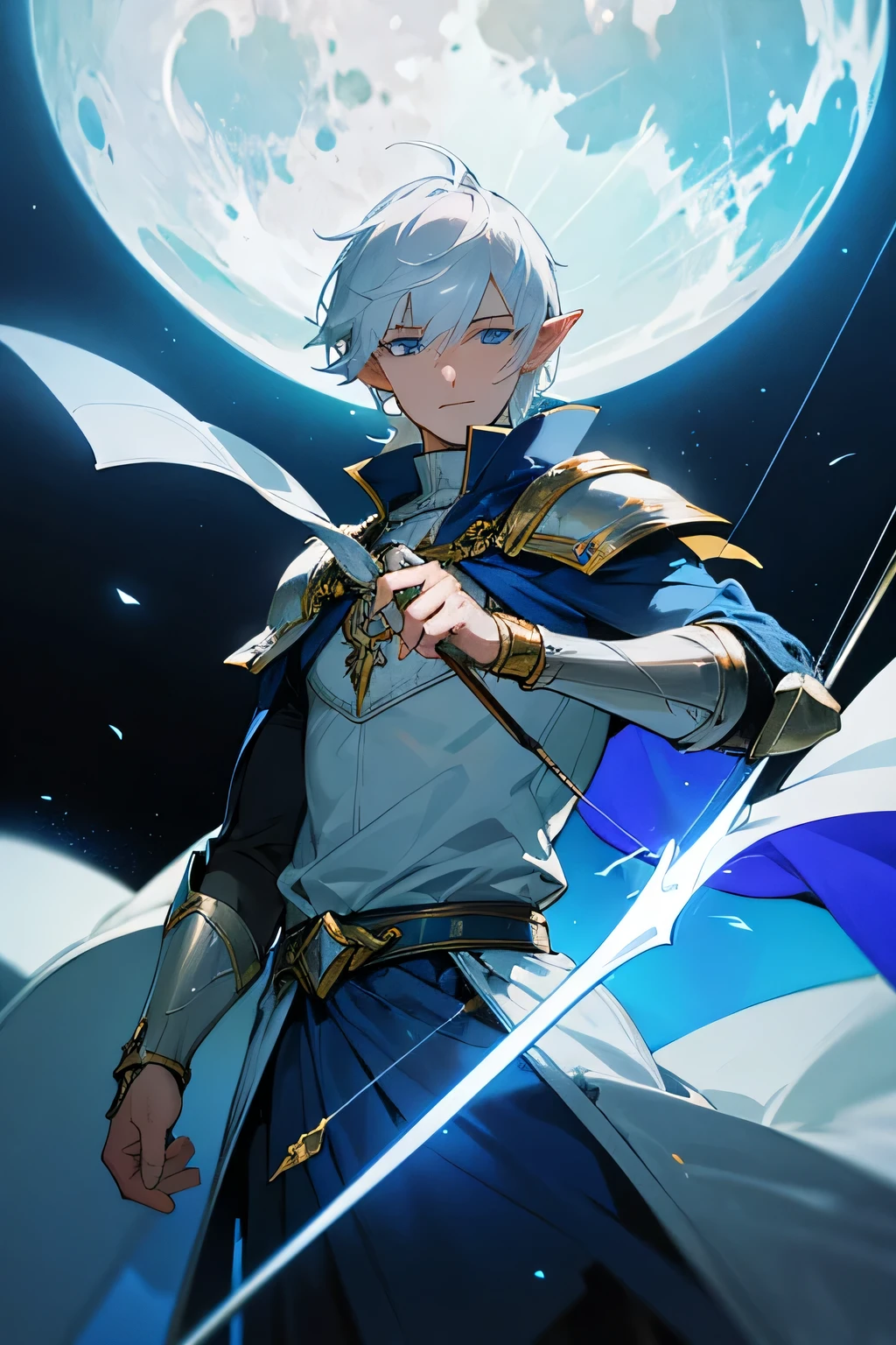 ultra-detalhado, Orelhas pontudas, cabelo branco, olhos azuis, cabelo curto, usa armadura prateada no peito, on the sleeves he uses a white fabric up to the hands, wears silver bracelets on both hands, wears a blue cape with gold decorations on the back, Ele usa uma armadura prateada no ombro esquerdo por cima da capa, holding a white bow and arrow in his hands, the cloth is the moon, um rosto, ethereal lighting, mystical atmosphere, cores vibrantes