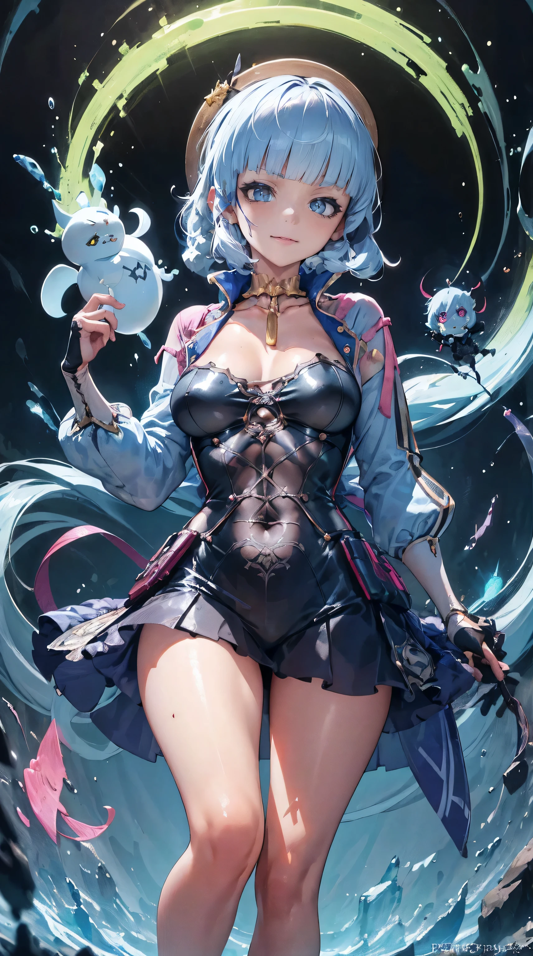 In the captivating image of a quirky chilling galactic pirate, in what appears to be a vividly painted portrait, every intricate detail jumps out to the viewer. The pirate's electrifyingly vibrant turquoise and neon green hair, styled in wild curls, adds an eccentric touch to their mysterious character. Their eyes, like shimmering opals, hold an enigmatic gaze that sends shivers down one's spine. The pirate's patched leather jacket, adorned with intricate silver buckles and faded space-themed patches, tells tales of daring escapades across the cosmos. The intricate tattoos covering their arms and neck, depicting otherworldly creatures, seem to come alive as they slither and crawl in the viewer's imagination. This high-quality image transports the viewer into a hauntingly beautiful world, where the chilling galactic pirate is the embodiment of both danger and allure. 