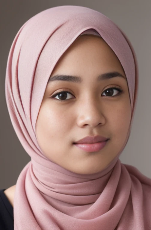 a photo portrait of a beautiful malay girl with hijab and few freckles, (plain pastel pink hijab), (medium shot portrait:1.3), dramatic light , Rembrandt lighting scheme, (hyperrealism:1.2), (8K UHD:1.2), (photorealistic:1.2), shot with Canon EOS 5D Mark IV, detailed face, detailed skin texture