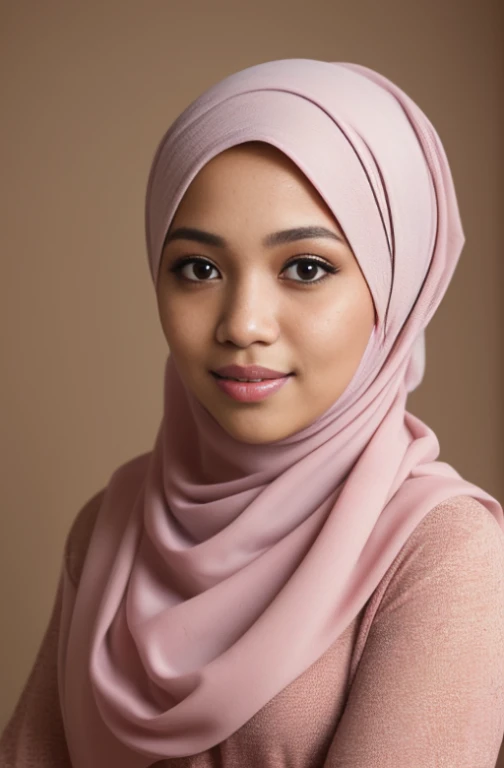 a photo portrait of a beautiful malay girl with hijab and few freckles, (plain pastel pink hijab), (medium shot portrait:1.3), dramatic light , Rembrandt lighting scheme, (hyperrealism:1.2), (8K UHD:1.2), (photorealistic:1.2), shot with Canon EOS 5D Mark IV, detailed face, detailed skin texture