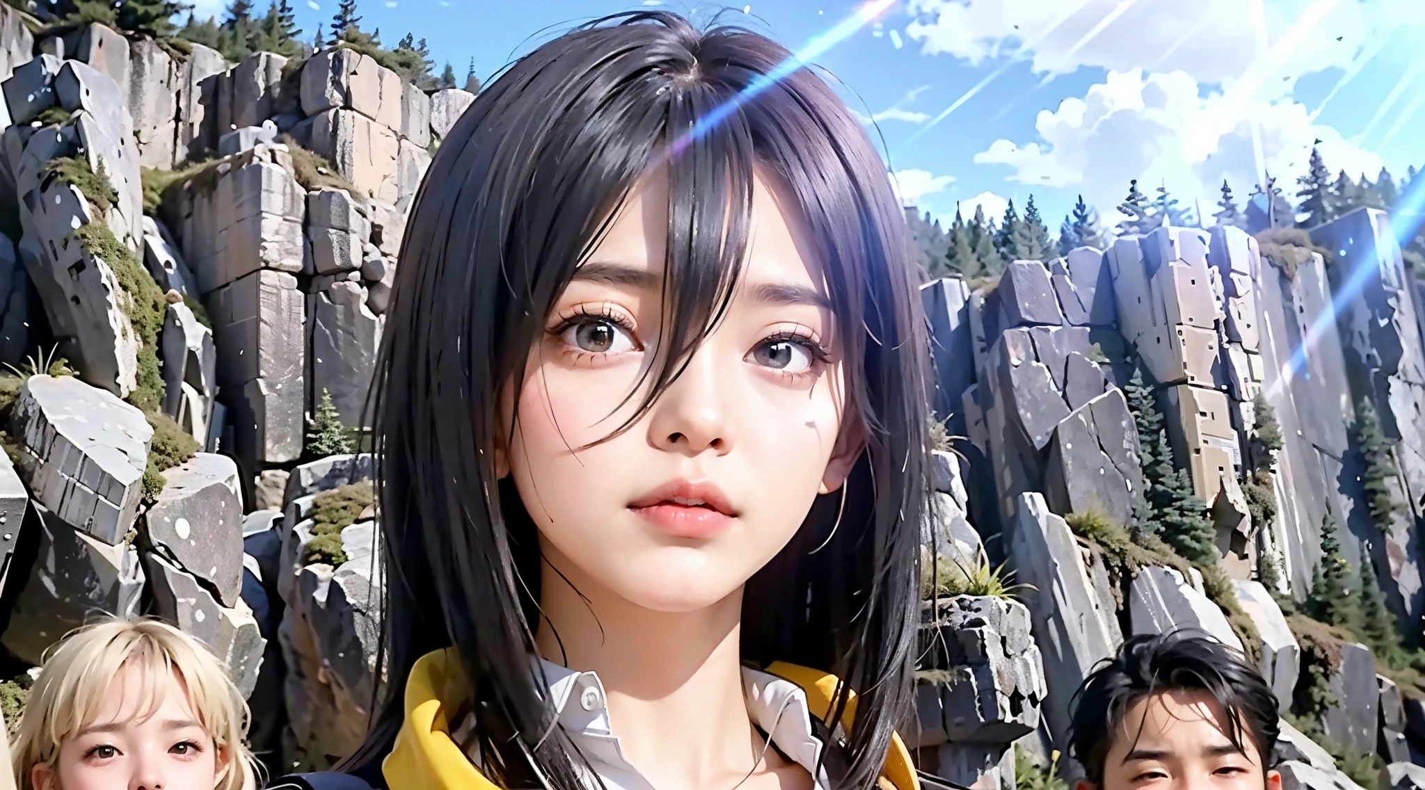 Super real photo:1.1、realistic rocky place、detailed hair、each strand of hair、high quality hair、、girl child:1.2、black hair、movie writing、Jacket、white shirt、Gray eyes、(best quality, 8K, 32K, muste piece, ticker:1.2)