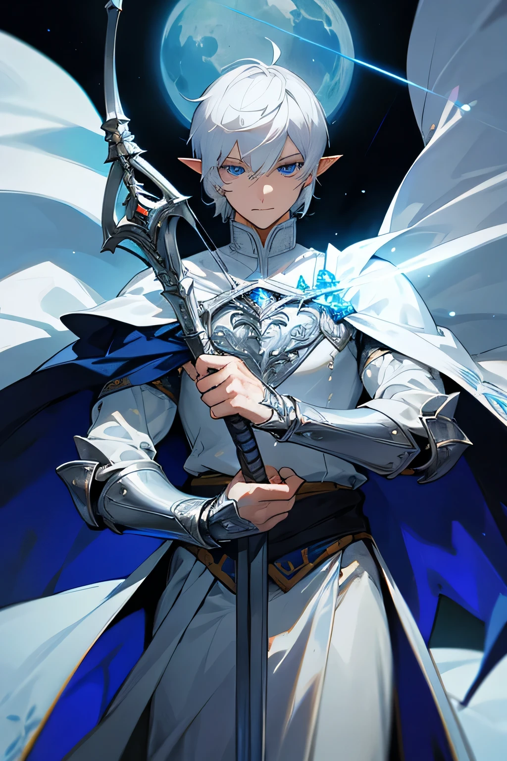 ultra-detalhado, Orelhas pontudas, cabelo branco, olhos azuis, cabelo curto, usa armadura prateada no peito, on the sleeves he uses a white fabric up to the hands, wears a silver bracelet on her left hand, On his right hand he wears silver armor that covers his entire arm., usa uma capa azul com enfeites dourados nas costas, ele usa uma armadura prateada no ombro direito por cima da capa, holding a white bow and arrow in his hands, the cloth is the moon, um rosto, ethereal lighting, mystical atmosphere, cores vibrantes