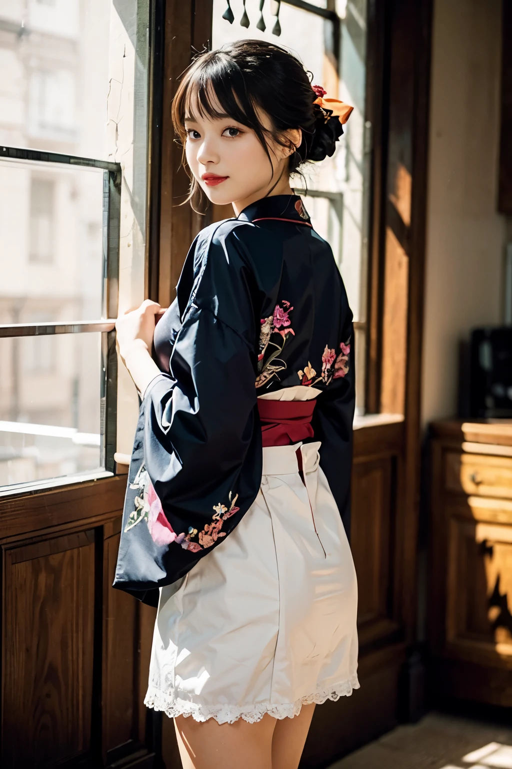（In 8K, best quality, muste piece:1.2)、ultra high resolution、A beautiful and elegant 20 year old woman,black hair,detailed hand fingers,elaborate costume,luxurious kimono,Black kimono,detailed embroidery,lots of lace,pink rip,red lips,blunt bangs,up hair,lolita fashion,ribbon,white lace short socks,Are standing,captivate your audience,smile,back light,Western-style room