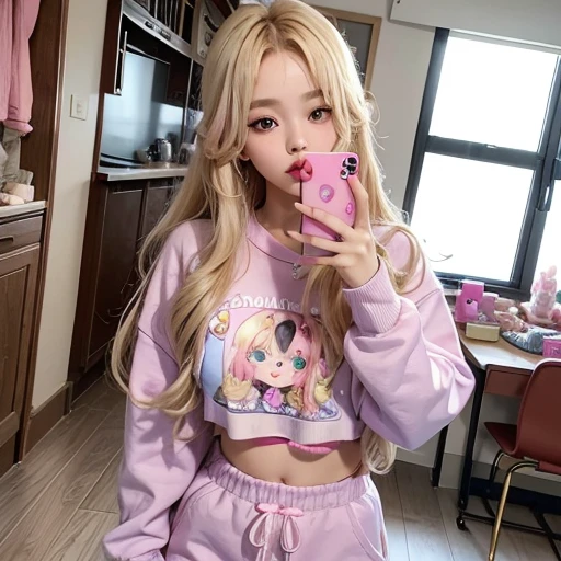 Kim Jennie blonde with wavy hair wearing a pink sweatshirt and lilac sweatpants with a stuffed cookie in her hand, selfie, background de quarto gamer fofo