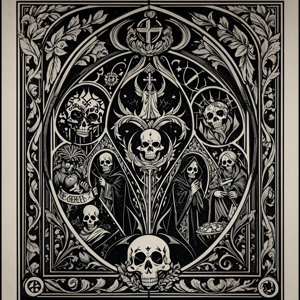 Umbrae Mortis (Latim): "Sombras da Morte." Evokes the sinister presence that precedes MACABRE events. Gray monochromatic color scale, backdrop clerical symbols, profane symbols, simbolismo morte, simbolismo religioso, demonic symbolism, monochrome. Melancholy image, prelude, premonition. Pano de fundo em pattern, carta mestra, gothic pattern. THE IMAGE HAS HUNDREDS OF MICRO SYMBOLS IN THE BACKGROUND, SUBLIMINAL SYMBOLS THROUGHOUT THE IMAGE, large number of symbols scattered, DEVIL, DEATH, gargulas por toda parte, aterrorizante pano de fundo, respingos de tinta, multiple symbol pattern