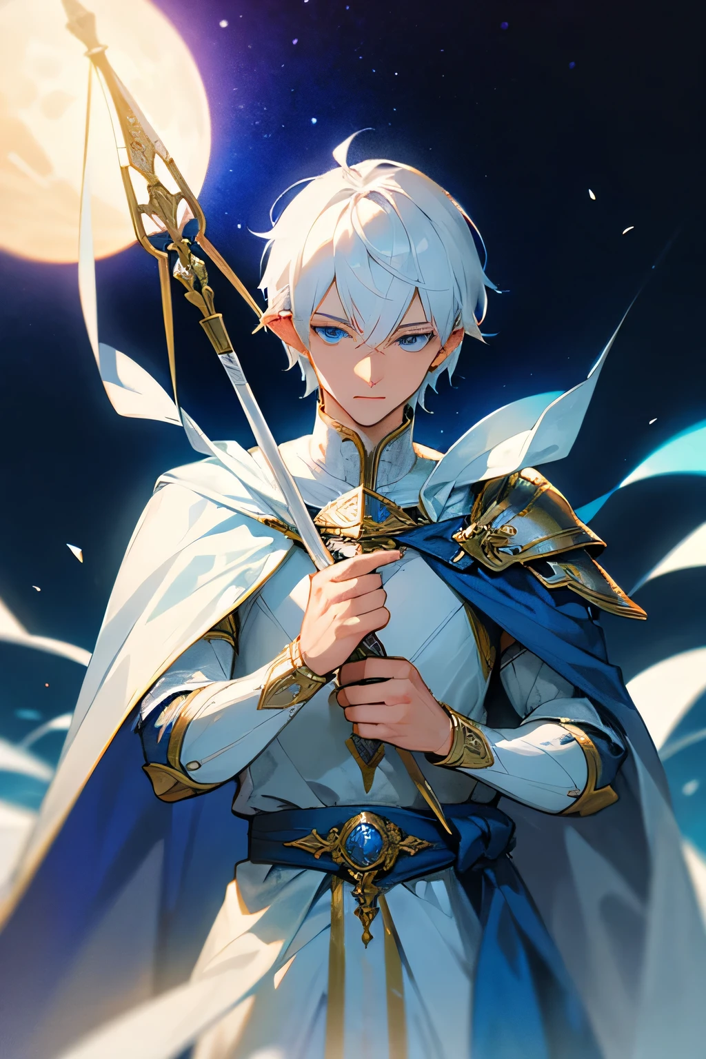 ultra-detalhado, orelhas pontudas, cabelo branco, olhos azuis, cabelo curto, usa armadura prateada no peito, on the sleeves he uses a white fabric up to the hands, wears silver bracelets on both hands, usa uma capa azul com adornos dourados nas costas, holding a white bow and arrow in his hands, the cloth is the moon, um rosto, ethereal lighting, mystical atmosphere, cores vibrantes