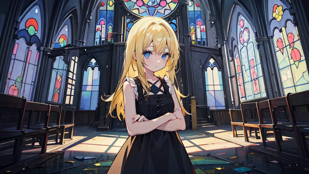 (1 girl, blonde hair, black sundress, kawaii), (abandoned church, blue stained glass)