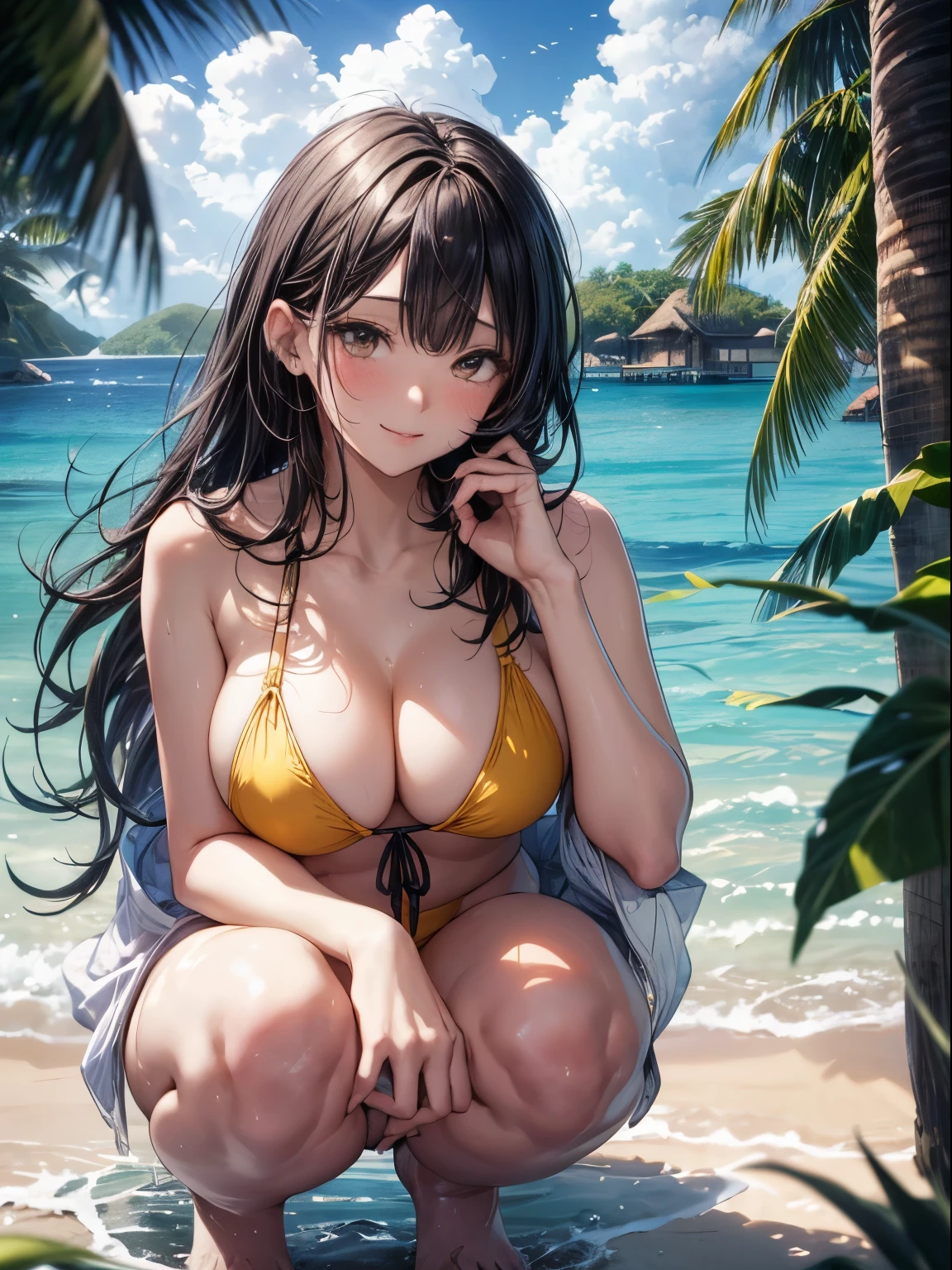 highest quality、complete limbs、full finger、Slender beauty、25 year old woman、black haired woman、straight hair woman、beautiful big breasted woman、((woman wearing yellow bikini))、Resorts、maldives、light blue water surface sea、jetty、naughty pose、wet texture、big smile、beach、squatting down