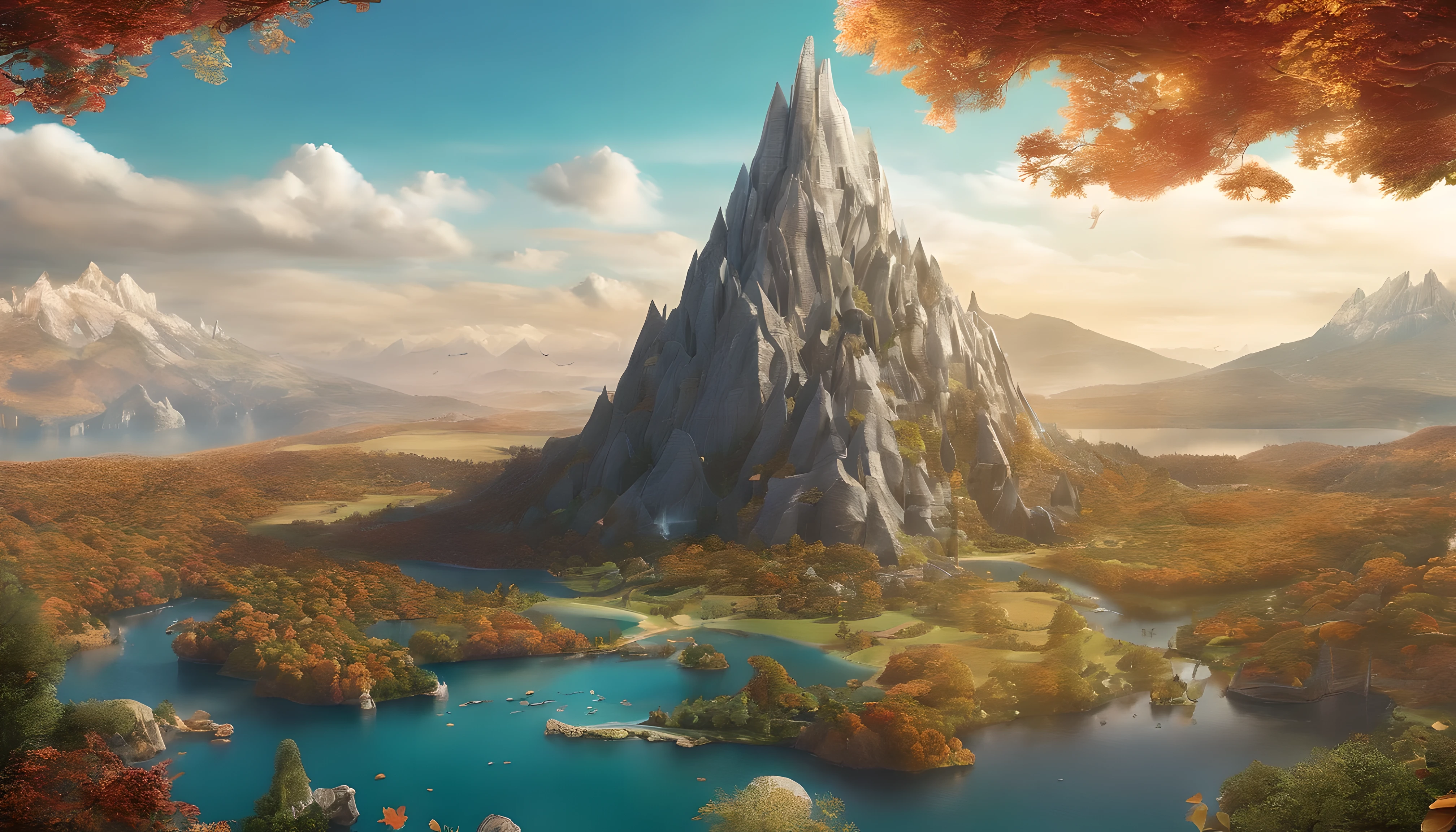 Super detailed bird&#39;s eye view of fantasy fantasy scene, 4K, ultra high definition, emerald fetus，its center, The sea water is crystal clear, Autumn sunset vegetation facing left side of scene right side, sunny day., Accompany you in the dusk sky at dusk, Photography lights, movie reality photos, 35mm lens camera.