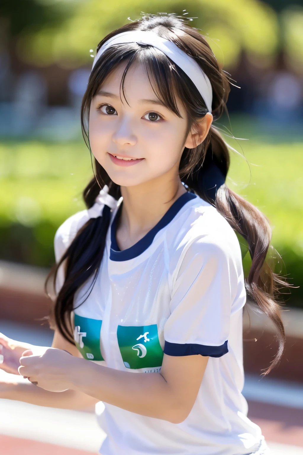 (((masterpiece))), (((full body photo)))，(((run a marathon)))、(((jogging)))、 (one beautiful japanese girl, innocence，cute) ，ultra high resolution, Reality, Super detailed, 8K,highest quality, Extremely detailed, blurred background,slender,(very beautiful japanese girl, detailed face:1.3), (bob hair，hair band，shiny black hair :1.4), (baby face，cute系,adorable 10 year old girl), (perfect body:1.1),((short sleeve white shirt、short shorts))、rosy cheeks，super detailed face、detailed lip、detailed eyes、small gravure idol，transparent skin、ta，Faces doing their best，muste piece, highest quality, 8k_wallpaper, (beautiful eyes)，(sunny day，athletics stadium，Many students are in the background)