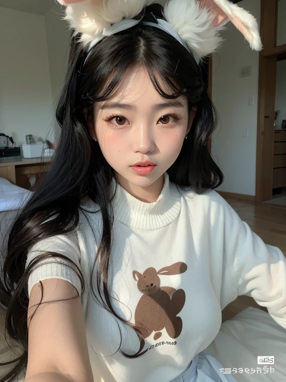 hay una mujer con orejas de conejo en la cabeza posando para una foto, ulzzang, hermosa joven coreana, jennie rosa negro, joven y adorable rostro coreano, 8k selfie photography, 19 year old girl, pale korean adorable face, hermosa joven coreana, ella tiene el pelo negro con flequillo, muchacha coreana, hermosa mujer surcoreana, jaeyeon nam