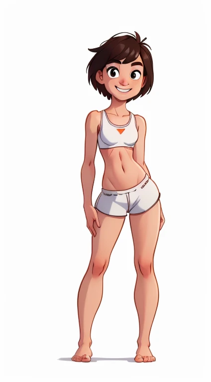 (rizdraws,p3r3zstyle,(white background),(pencil outline sketch),(low detail),(full body view),((small flat bust)),(average body),(female form),(white sports bra, white shorts),(no shoes, barefoot): 1.1), (standing front on) (arms folded in front of body) (slight smile)