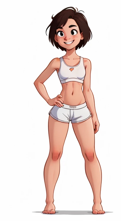 (rizdraws,p3r3zstyle,(white background),(pencil outline sketch),(low detail),(full body view),((small flat bust)),(average body),(female form),(white sports bra, white shorts),(no shoes, barefoot): 1.1), (standing front on) (arms folded in front of body) (slight smile)