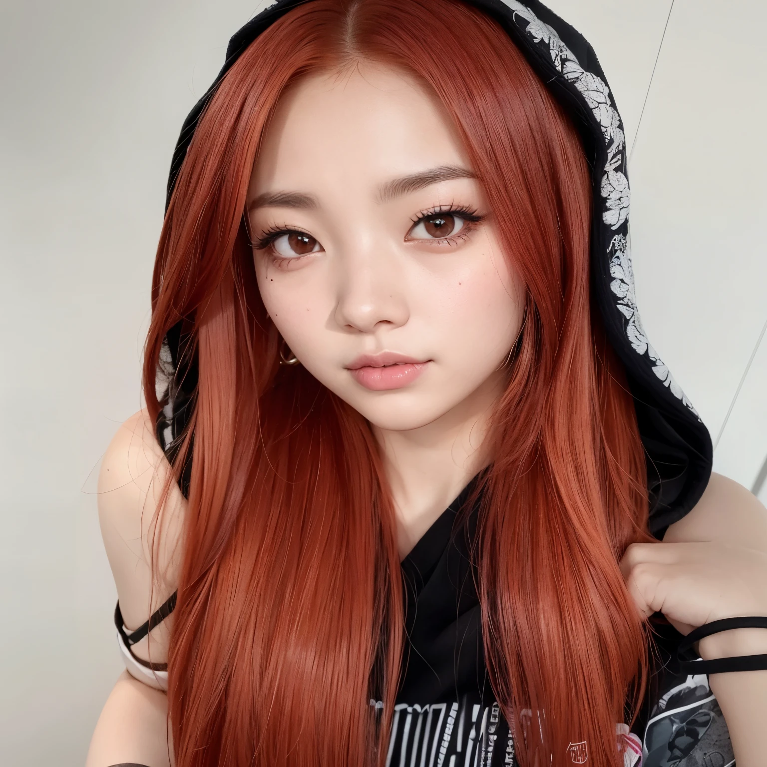 Arafed Asian woman with red hair and black hoodie posing for a photo, portrait of jossi de blackpink, jisoo de blackpink, tzuyu de dos veces, jossi de blackpink, retrato de jisoo rosa ?????, Jisoo de Blackpink, ulzzang, ella tiene el pelo largo y renaranjado, parque roseanne de blackpink, She has long orange-brown hair., sol yunjoo