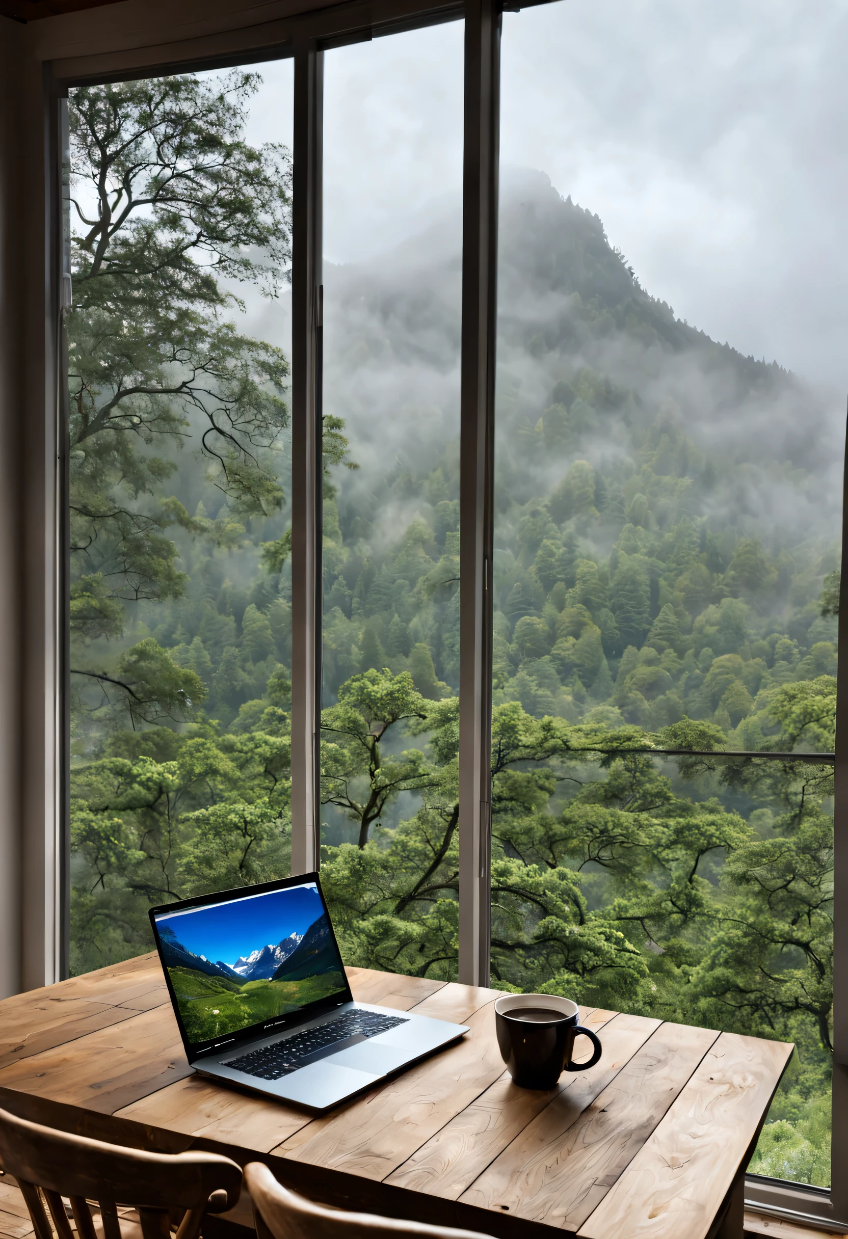 there is a view of a mountain through a window from a porch, quiet and serene atmosphere, inside on a rainy day,Coffee table, computer desk, apple laptop