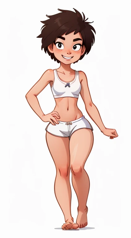 (rizdraws,p3r3zstyle,(white background),(pencil outline sketch),(low detail),(full body view),((small flat bust)),(average body),(female form),(white sports bra, white shorts),(no shoes, barefoot): 1.1), (walking towards viewer) (slight smile)