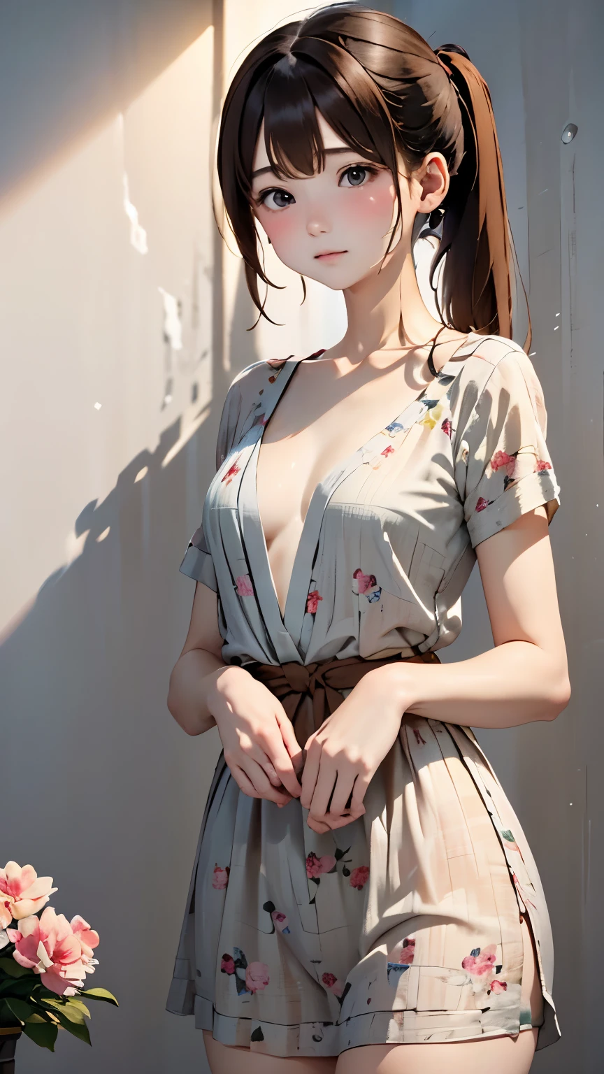 The background is a white wall、Pink flowers are artistically printed on the white wall.、anatomy、brown hair、gray eyes、short ponytail、one cute girl、adorable girl、Luxurious aristocratic Berlin dress、highest quality、high resolution、master piece:1.3、Super detailed、８ｋ