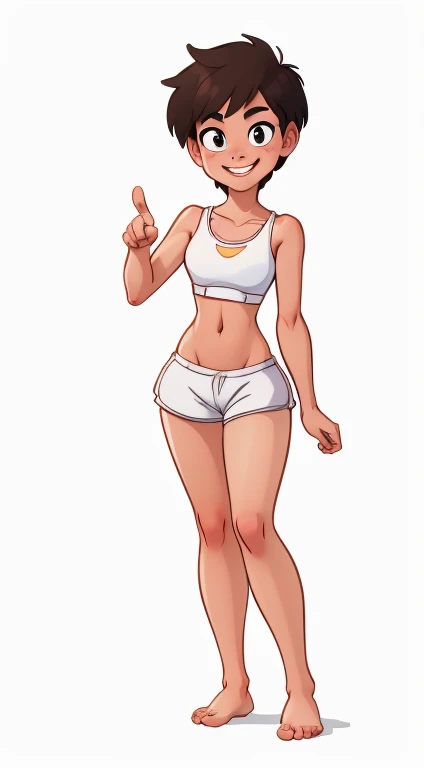 (rizdraws,p3r3zstyle,(white background),(pencil outline sketch),(low detail),(full body view),((small flat bust)),(average body),(female form),(white sports bra, white shorts),(no shoes, barefoot): 1.1), (standing front on) (pointing to front) (slight smile)