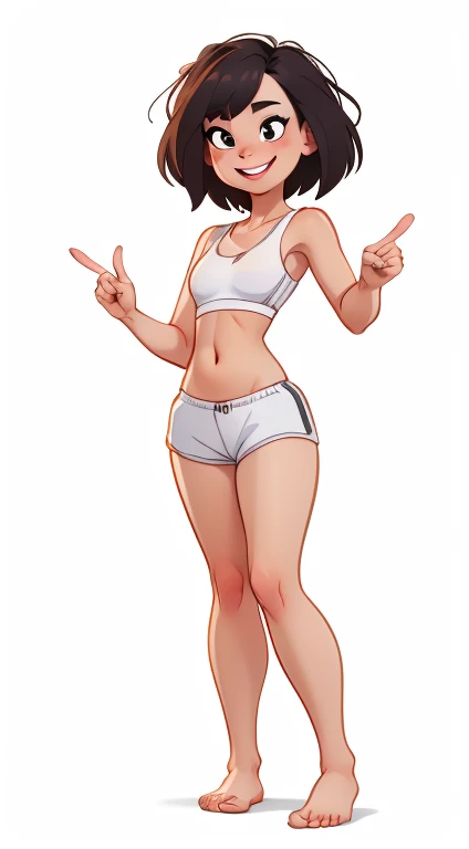 (rizdraws,p3r3zstyle,(white background),(pencil outline sketch),(low detail),(full body view),((small flat bust)),(average body),(female form),(white sports bra, white shorts),(no shoes, barefoot): 1.1), (standing front on) (pointing to front) (slight smile)