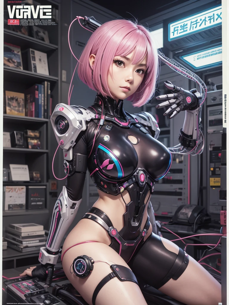 90s japanese anime pulp poster of a retro levitating cyberpunk girl, pink bob haircut, hooked up to wires undergoing diagnostics, robotic body parts, silicone implants, biohacking enhancements adorn the body, transcendental expression on her face, detailed features, quantum wavetracing, cinematic composition by hajime Sorayama, masamune shirow --no helmet --ar 2:3 --style raw --v 6 --auto --s2-imagine -