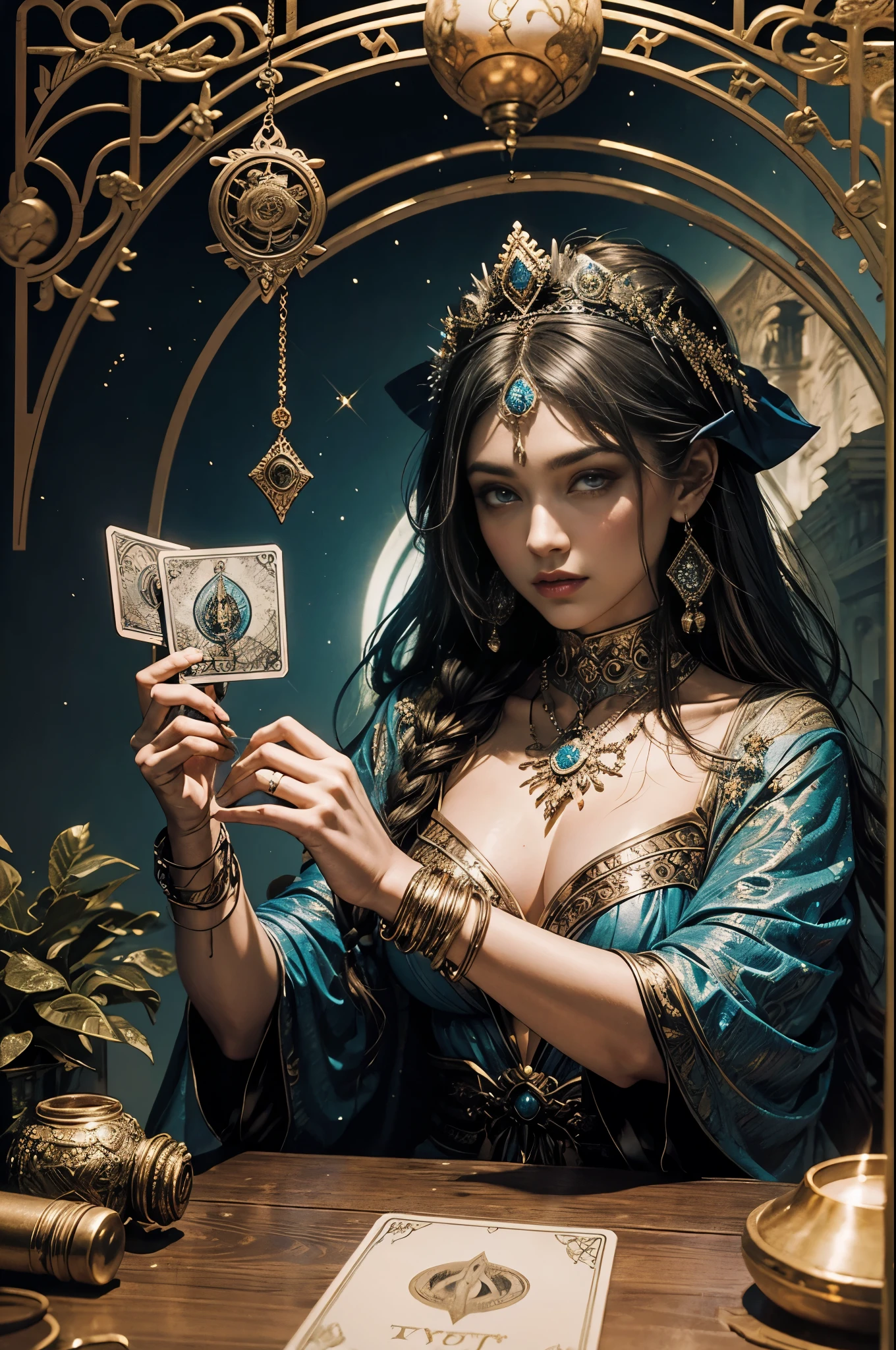 (Extremely detailed+surreal esoteric+Gypsy Sorceress Casting Tarot Cards