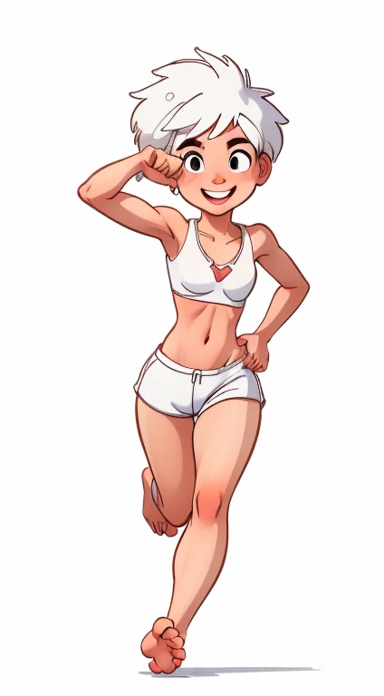 (rizdraws,p3r3zstyle,(white background),(pencil outline sketch),(low detail),(full body view),((small flat bust)),(average body),(female form),(white sports bra, white shorts),(no shoes, barefoot): 1.1), (running towards viewer) (slight smile)