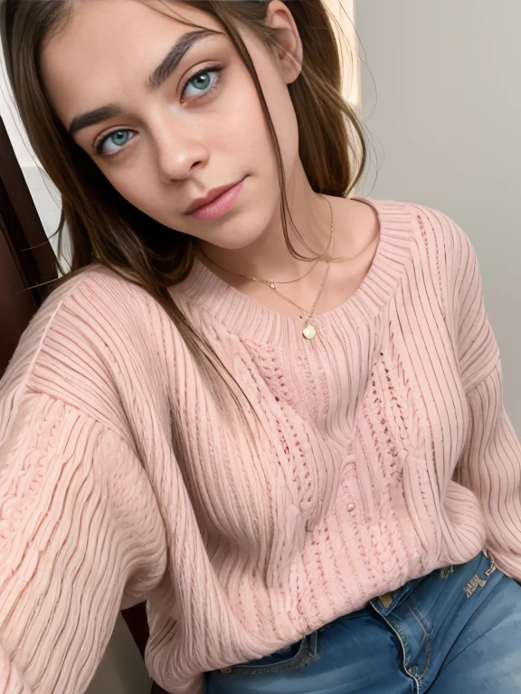 Photo of a 15-year-old European girl, RAW, hermosa chica adolescente ,hermosos ojos azules ((retrato)), ((Cara detallada:1.2)), ((Detailed facial features)), (Piel finamente detallada) ,lindo maquillaje, (cool color), (Masutepiece) (proporciones perfectaotos realistas)(La mejor calidad), NffSW, (8k) (papel tapiz) (cinematic lighting) (Dramatic lighting) (sharp focus) (Enrevesado) , fondo variado , linda sonrisa, cuerpo completo, hermoso cuerpo , mascada amarilla ,long brown hair girl, pony tail , tiene un lunar en la cara , wears two-tone pink striped sweater , She is wearing a 2-tone pink striped sweater , jeans de color azul un poco remangados en los pies y zapatos negros , foto de cuerpo completo , hermosa sonrisa , lindo maquillaje
