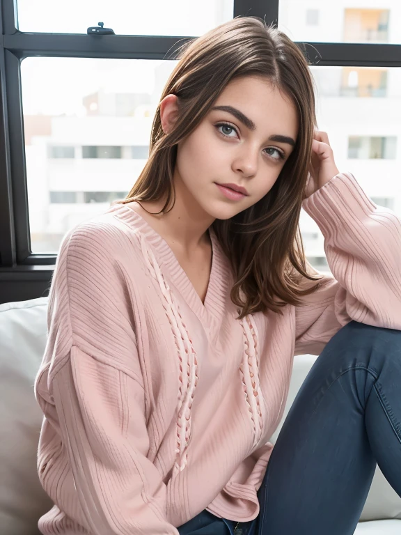 Photo of a 15-year-old European girl, RAW, hermosa chica adolescente ,hermosos  ojos azules ((retrato)), ((Cara detallada:1.2)), ((Detailed facial features)), (Piel finamente detallada) ,lindo maquillaje,  (cool color), (Masutepiece) (proporciones perfectaotos realistas)(La mejor calidad), NffSW, (8k) (papel tapiz) (cinematic lighting) (Dramatic lighting) (sharp focus) (Enrevesado) , fondo variado , linda sonrisa, cuerpo completo, hermoso cuerpo , mascada amarilla ,long brown hair girl, pony tail , tiene un lunar en la cara , wears two-tone pink striped sweater , She is wearing a 2-tone pink striped sweater , jeans de color azul un poco remangados en los pies y zapatos negros , foto de cuerpo completo , hermosa sonrisa , lindo maquillaje 