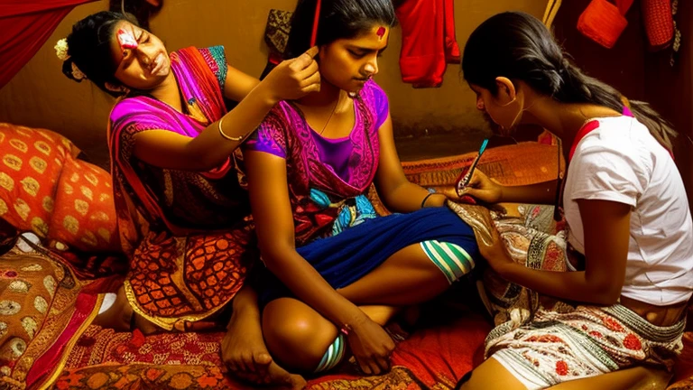 three beautiful girls sitting on a bed while a girl brushes her hair, traditional makeup, india, poor neighborhood