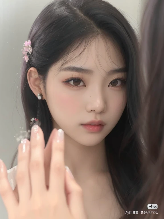 a closeup of a woman looking at her face in a mirror, jinyoung shin, maquillaje popular de corea del sur, retrato de jossi de blackpink, jaeyeon nam, ulzzang, kim doyoung, con cara linda - fina, maquillaje coreano popular, with beautiful loving eyes, pale korean adorable face, cara muy bonita, jennie rosa negro, artista coreano