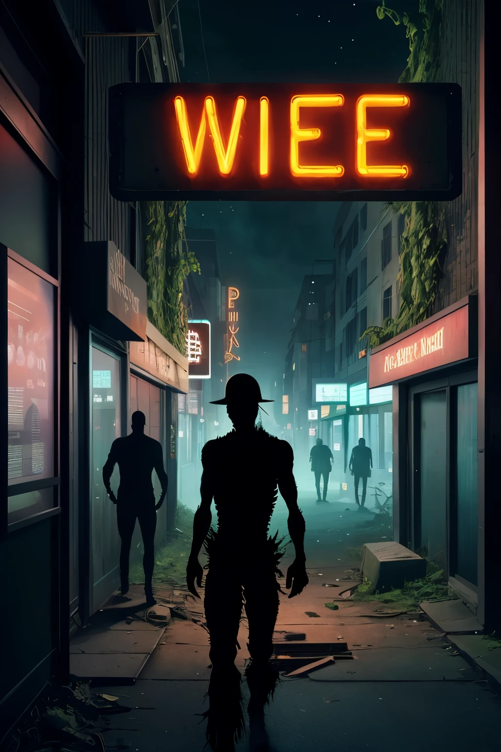 A bustling city street, abandoned and overgrown with vines, a single zombie wanders aimlessly, its silhouette stark against a neon sign that reads "Welcome."