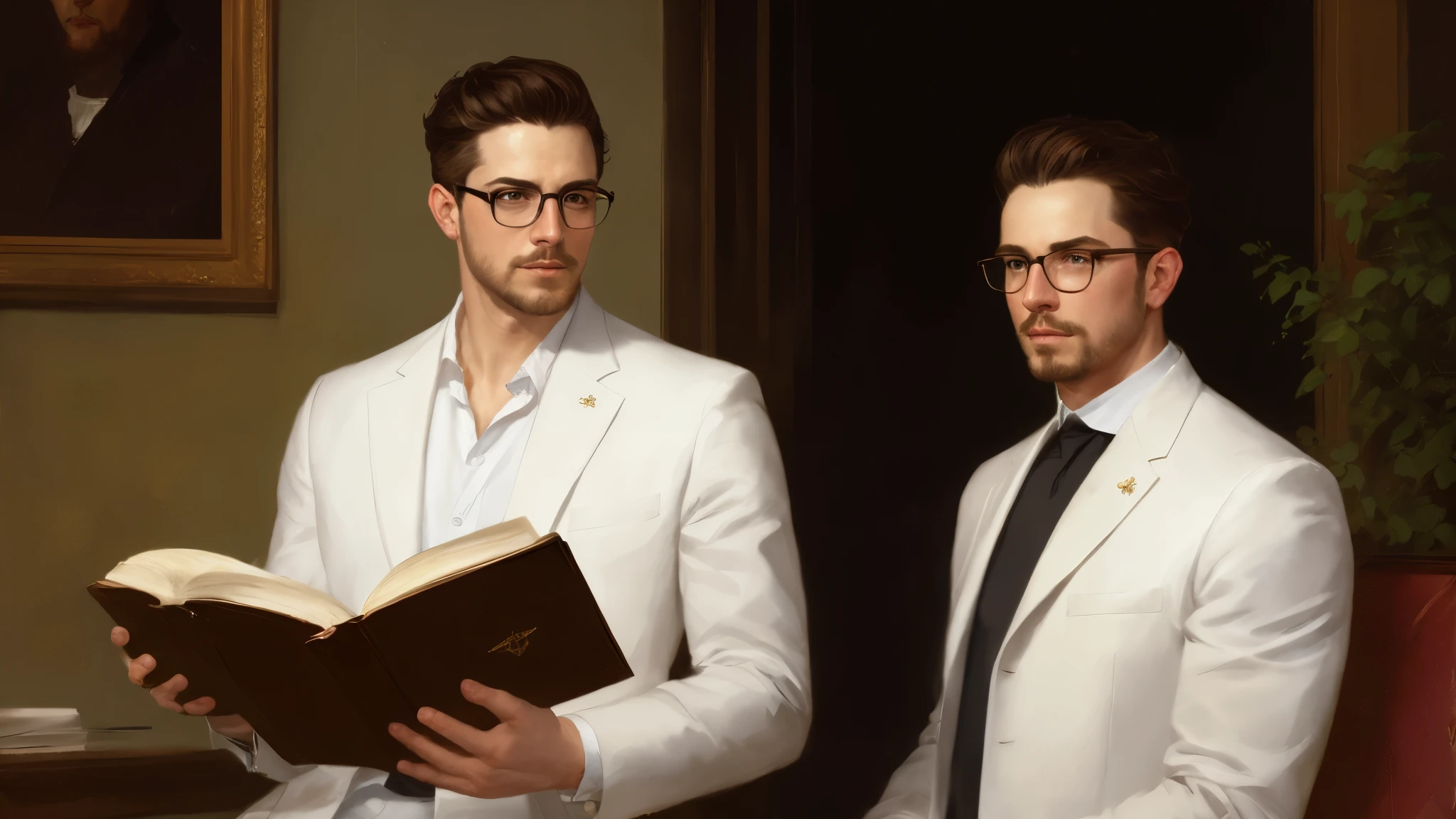 wore glasses,wearing a white coat,Extremely handsome middle-aged man, red skin, black short messy hair, hazel eyes, perfect face, very handsome man, big greek nose, nice lips, bible, Gospel, digital paint, watercolor oil painting, painterly, Jeremy Lipking, antonio j. Manbanmondo, Alphonse Mucha, Fleur Graves, Bartholomew Esteban Murillo, JC Leyendecker, Craig Mullins, Detailed painting of Peter Paul Rubens, CG settings, art station hd, HD fine, photorealism, concept art, art station hd, official art, art station trends, 8k.