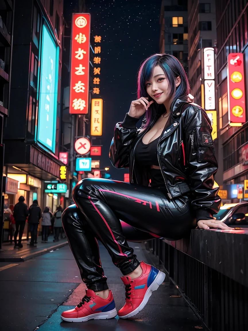 Incredibly ridiculous absolute resolution, Super detailed, official art, 8k wallpaper, masterpiece, (cyberpunk:1.2), (neon lights;1.4), whole body, (glowing building:1.5), starry sky,
rest
white leather jacket, black leather pants,
rest
(multi color hair:1.4), black hair, (huge:1.5), smile, smile shyly, mysterious aura,