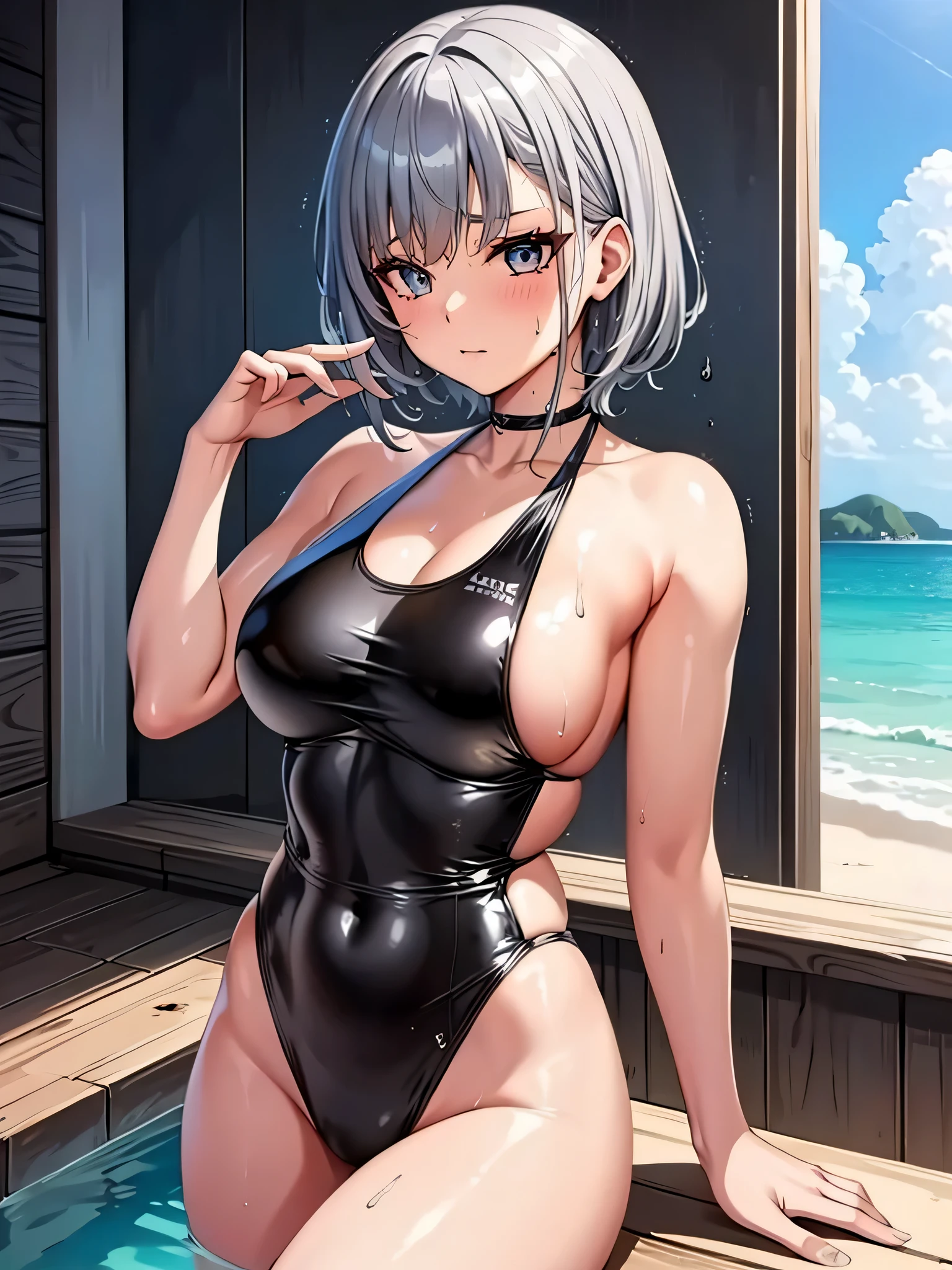 Top quality 8K UHD、glasses、wet silver metallic swimsuit、wet silver swimsuit、wet silver metallic swimsuit、wet silver metallic school swimsuit、short hair、glassesをかけた短髪の銀髪美女、muscular、sweaty、soaking wet、