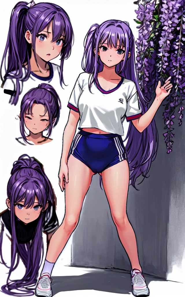 A beautiful woman with wisteria-purple hair in a long ponytail and a pale pink ribbon at the back, a sharp face and beautiful legs, is wearing gym clothes with a white top.、She is standing in the school playground wearing dark blue bloomers with panty-like bottoms and a shocked expression on her face.。