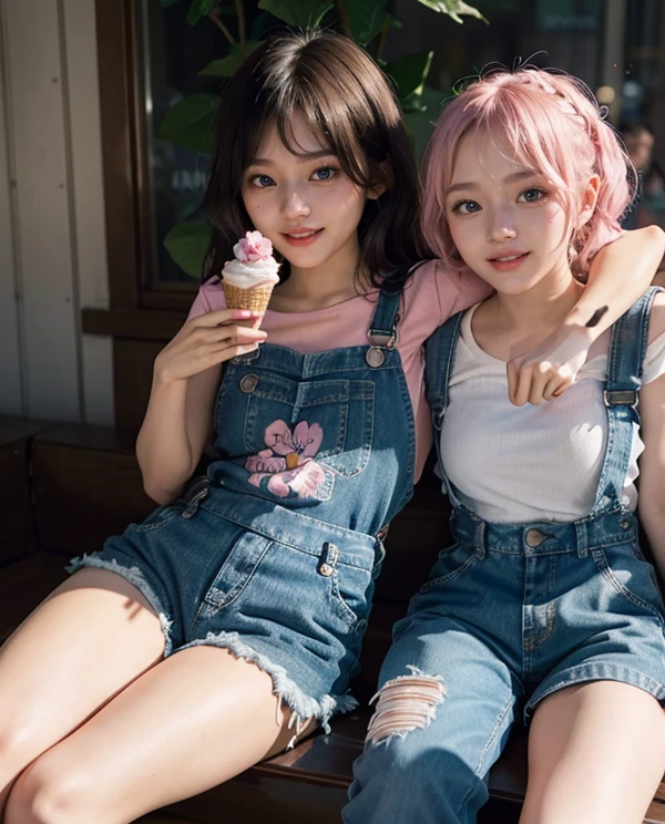 masterpiece,best quality, 1girl,solo,haru urara,overalls,overall shorts,flower-shaped pupils,,pink shirt,holding ice cream,(horse tail:0.6),smile,open mouth,cloudy, and backgournd in mall