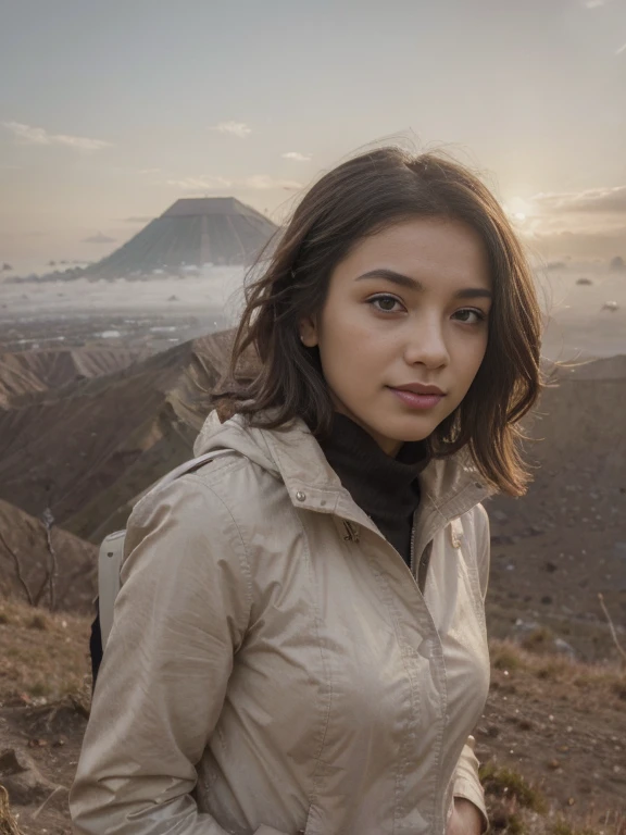 ((Top Quality, 8k, Masterpiece: 1.5)), indonesian Woman (1, 19 years old, smile, very detailed face and skin and hair texture, detailed blue eyes, double eyelids, white skin, beautiful delicate nose, parka wearing, exposed cleavage, large breast), overhead camera, sharp focus: 1.2, while emphasizing the subject's eyes, mouth, action The composition is pleasing to the eye and thought-provoking. ⠀
ground, outdoor, wonderful sunrise view at mount bromo, nature, cheerful, wind, happy, backpack, tent, bonfire, forest, river, foggy atmosphere, shadow, contrast, clear sky, grey background, (warm shades, warm tones), pleasant to the eye, while exuding melancholy emotions, characterized by a contrasting mix of calm tones and light and shadow, with dynamic angles, It is a thought-provoking composition.