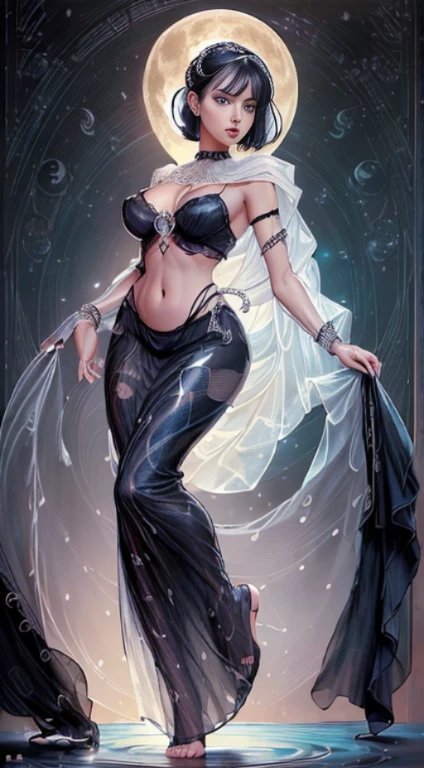 ((full body)), (((head to toe))), beautiful blushing slender Goddess of moon, symmetric face, pale skin, (((looking at viewer enchantingly, chignon black hair))), against moon background, black lace brassiere, loincloth, pearl necklace, pearl tiara, black lace veil, (((American comic style with dark contours))), (((art by J. Scott Campbell)))