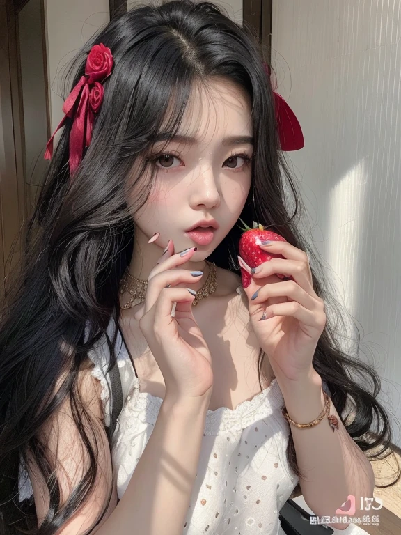 there is a woman holding a fresa in her hand, ulzzang, 👅 👅, fresa, rin tohsaka, jinyoung shin, jennie rosa negro, wearing fresa backpack, jisoo de blackpink, terciopelo rojo, muchacha coreana, Lucha con las fresas, con manzana, tzuyu de dos veces, cgcosiety, Comiendo, Jisoo de Blackpink, 🤤 girl portrait