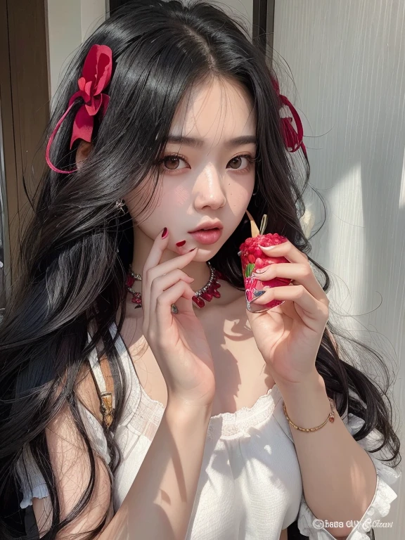 there is a woman holding a fresa in her hand, ulzzang, 👅 👅, fresa, rin tohsaka, jinyoung shin, jennie rosa negro, wearing fresa backpack, jisoo de blackpink, terciopelo rojo, muchacha coreana, Lucha con las fresas, con manzana, tzuyu de dos veces, cgcosiety, Comiendo, Jisoo de Blackpink, 🤤 girl portrait