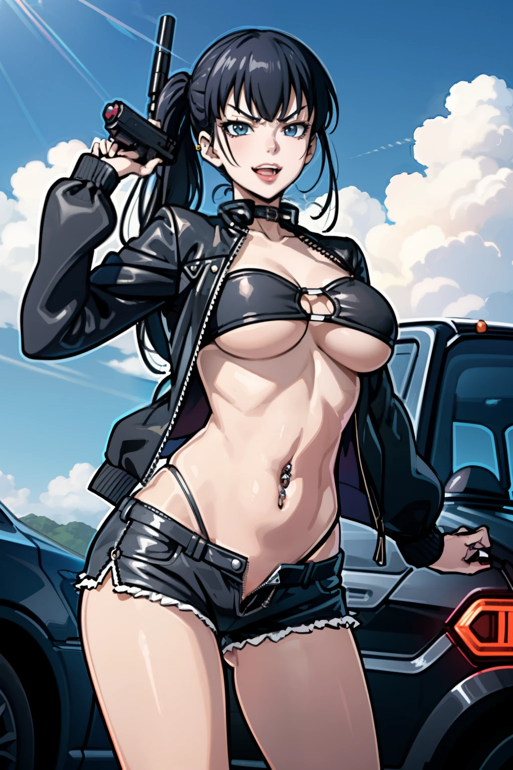 kunizuka,
1girl, solo, highleg panties, shorts, crop top, camisole, masterpiece, best quality, highly detailed , evil smile , open mouth, sexy gaze, , leather jacket, badass pose , evil smile, smile, (nsfw) not safe for work, navel, evil expression, exposed belly, exposed navel, exposed midriff, exposed lower belly, holding a gun, , outdoors, sky, day, cloud, water, underboob, ocean, halterneck, beachground vehicle, motor vehicle, , lipstick,open arms sideway, arms T-pose, smirk, standing, anime girl T posing, navel piercing