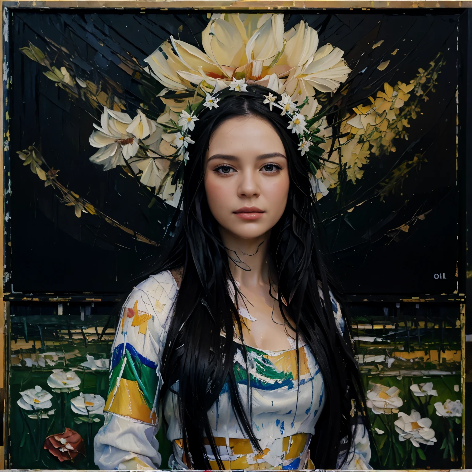 (oil painting:1.5), \\ a woman with long black hair and white flowers in her hair stands on a mountain in a field of flowers, a noite no luar, vestido longo, (uma pintura detalhada:0.353), (gothic art:0.106)